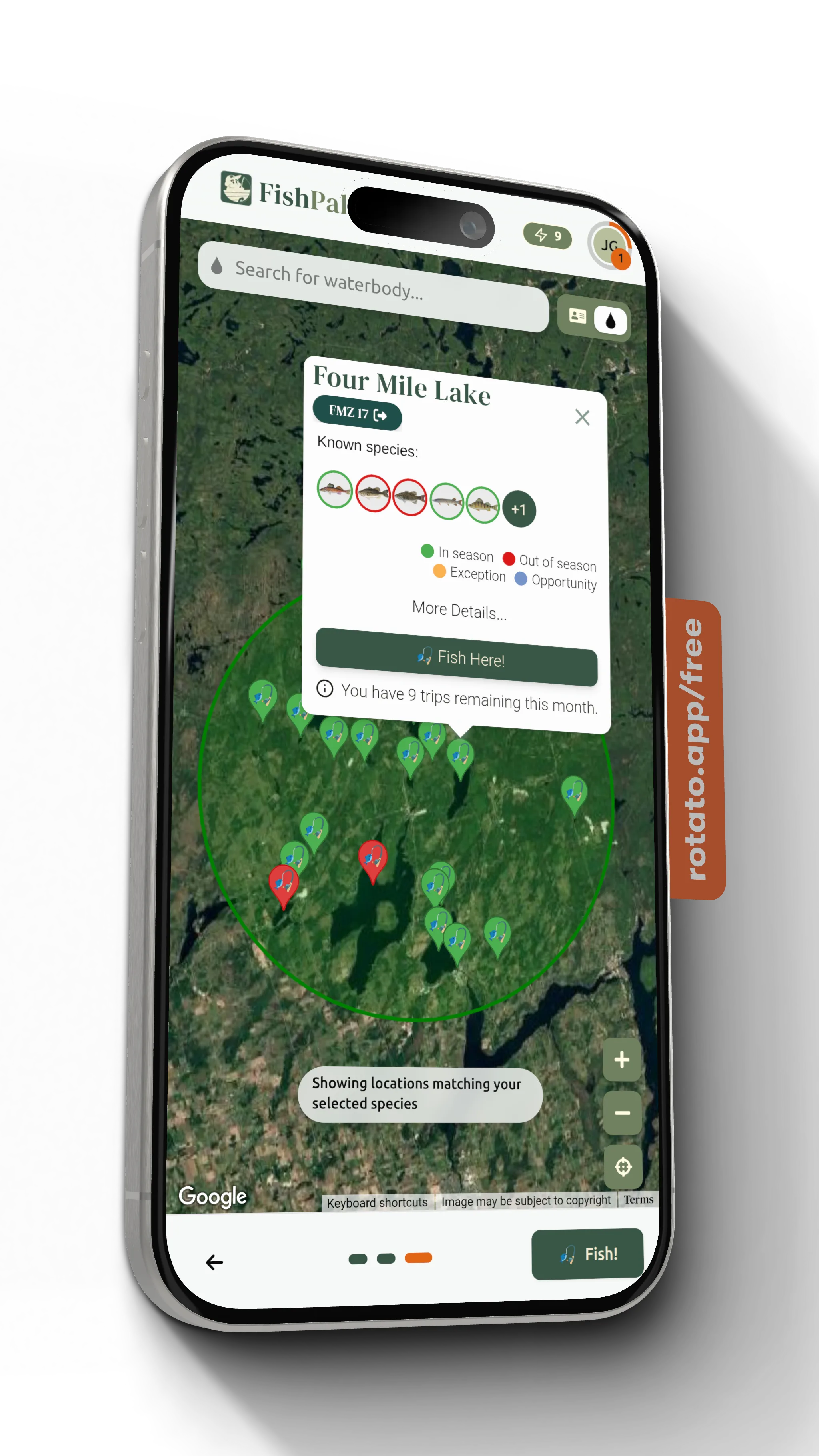 FishPal map showing fishing hotspots and species locations